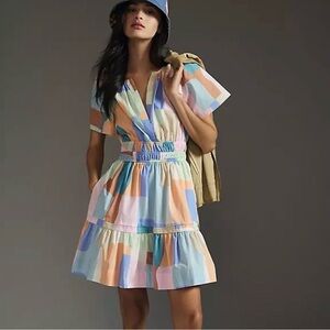 Anthropologie Somerset Mini Dress Pastel Size LP Patchwork Tiered Summer Dress